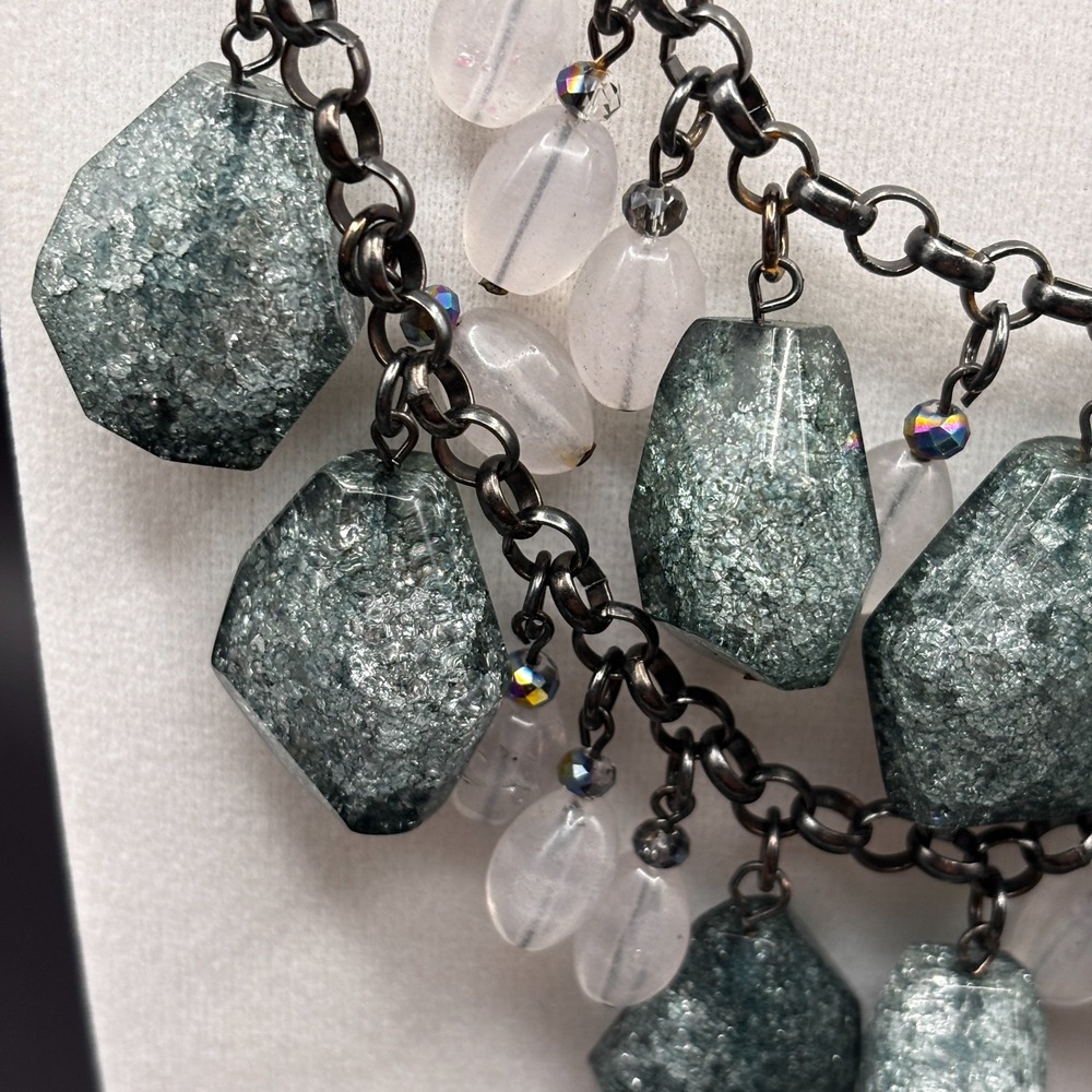 VTG Gunmetal Tone Green Crackle Quartz Style Bib Necklace Multi Chain Statement - Picture 4 of 10